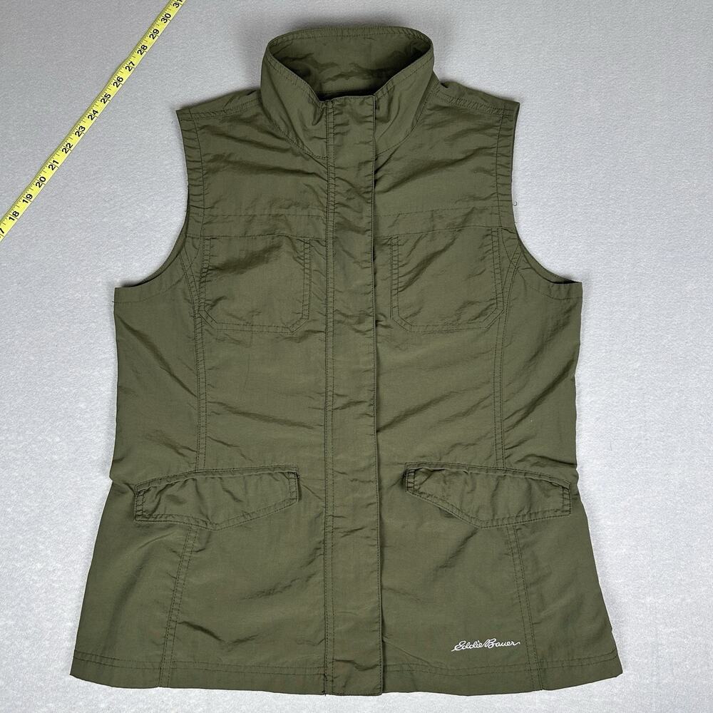 Eddie Bauer Womens Sz M olive green nylon utility travel vest 4 pockets zip